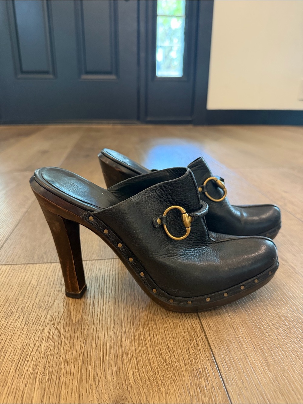 Vintage Gucci Black Leather Horsebit High Heel Clog Mules
